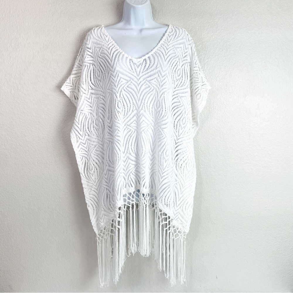 Chico’s White Lace Fringe Poncho Beach Swim Cover Up Size S/M